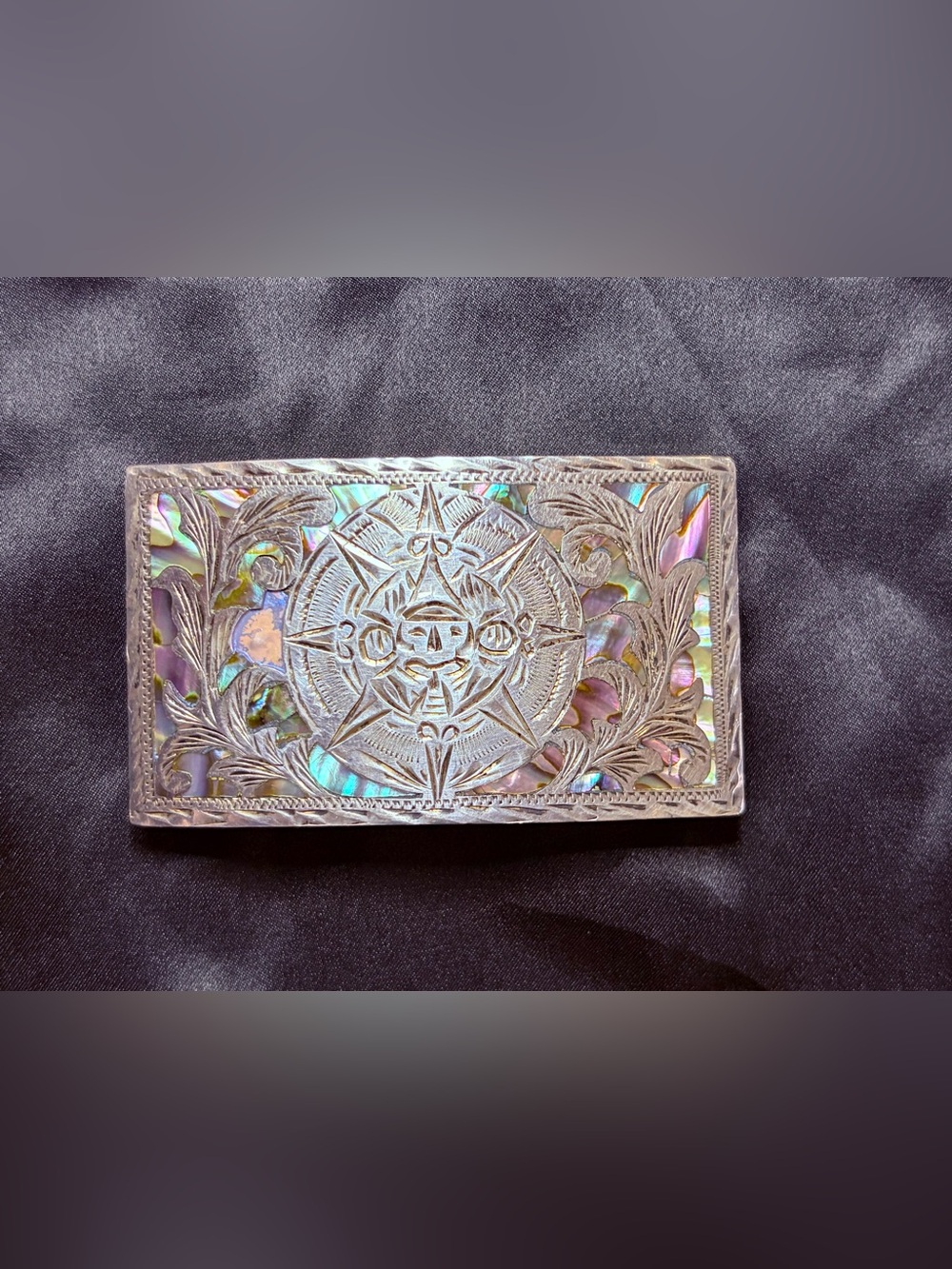Vintage Plata De Jalisco VHLC Sterling Silver Mother of Pearl Inlay Belt Buckle